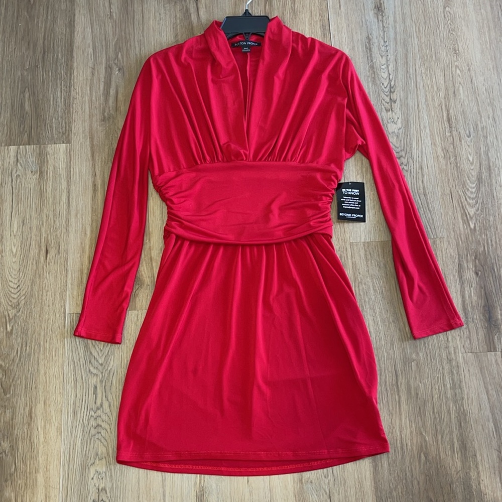 NWT Boston Proper Red Long sleeve mini Dress with deep neck plunge in front